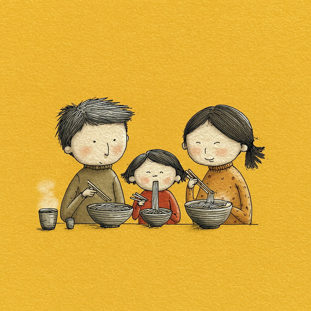 家族でラーメンを楽しむ